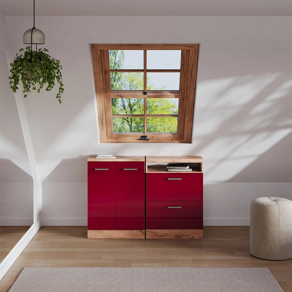 Set di mobili sottotetto Rion Rosso lucido/Rovere dorato 120 cm Set di 2 carcasse armadio profondità 60 cm Vicco
