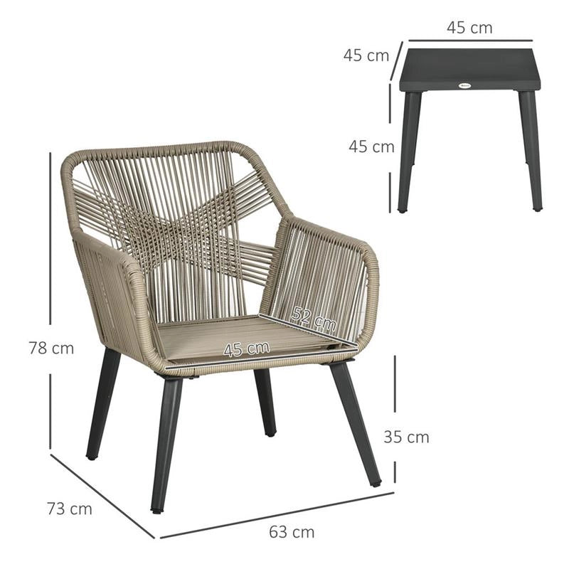 SET DA GIARDINO IN RATTAN E ACCIAIO CON 2 SEDIE MODERNE E 1 TAVOLINO DA CAFFÈ
