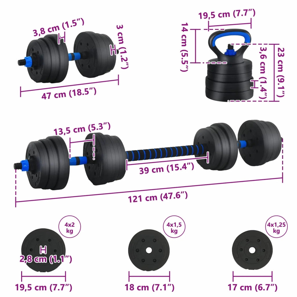 Set di manubri, bilanciere e kettlebell 4-in-1 20 kg Nero e Blu 42023468