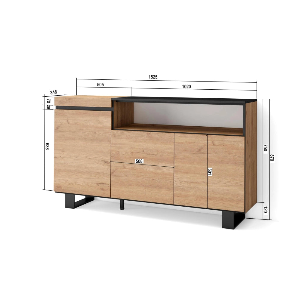 Credenza, Mobile, 150x35x87cm, 3 Porte, Design industriale, colore Rovere e nero RF2521