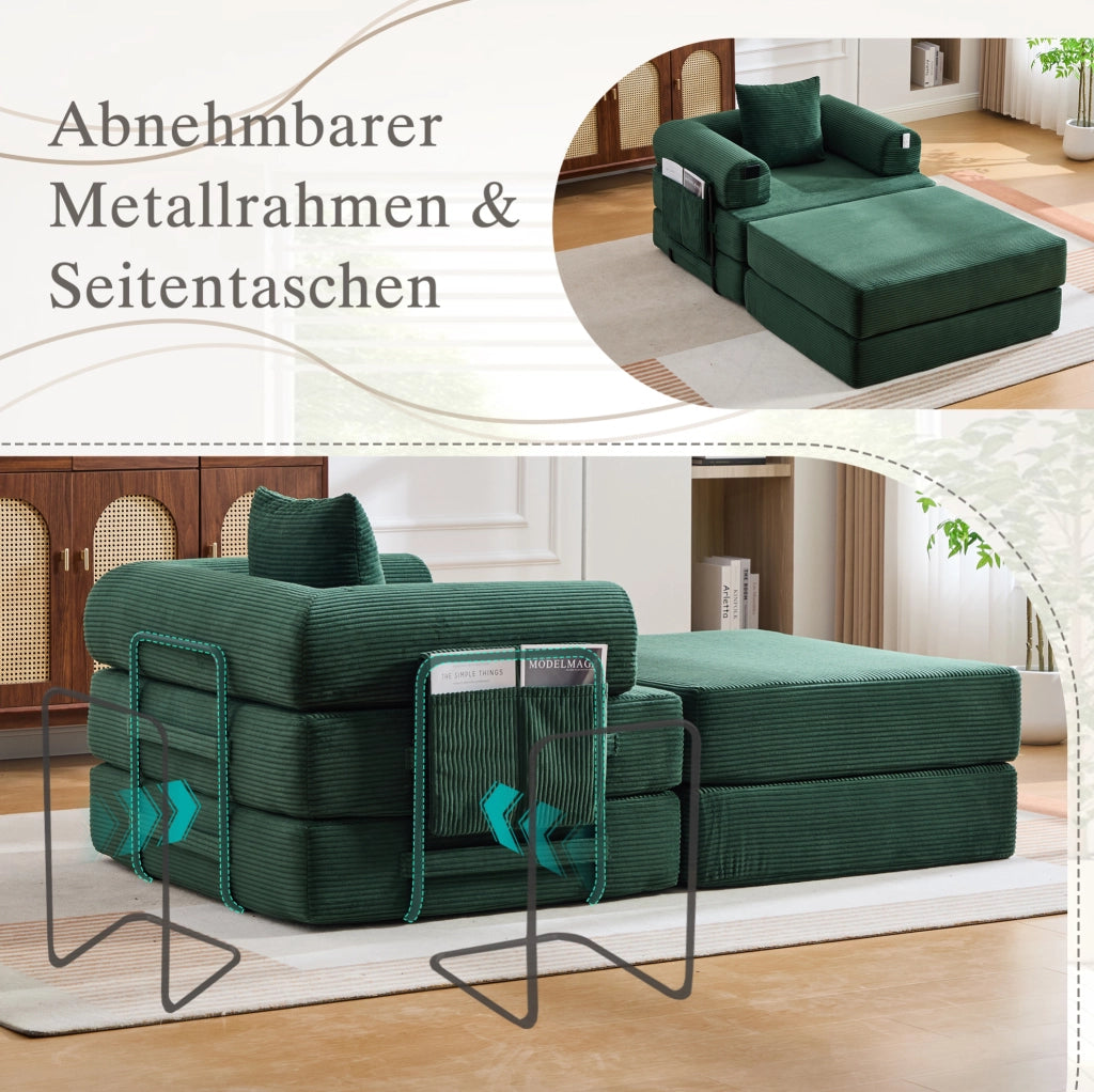 Divano modulare in velluto a coste color smeraldo con pouf; 112 x 190 x 67 cm