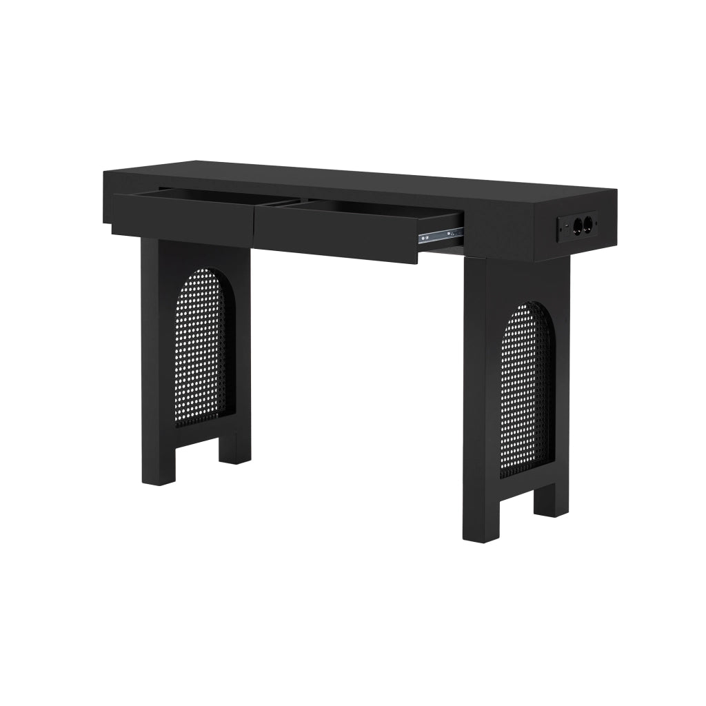 Tavolo console elegante - Zephmum - Con cassetti e prese - Design a griglia e piedi regolabili - Nero