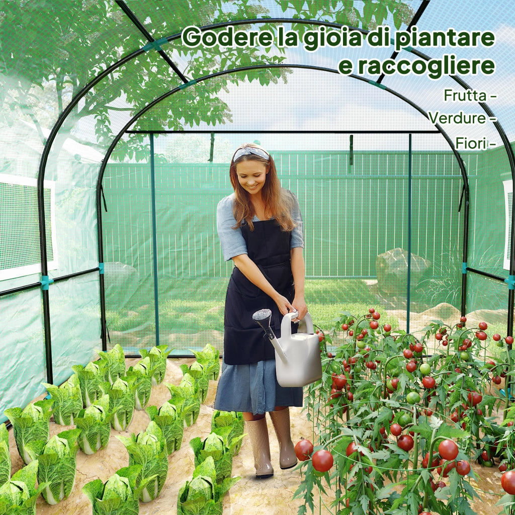 Serra a Tunnel per Orto 3x3x2 m con Porte Avvolgibili e Finestre in Acciaio e PE Anti UV Verde