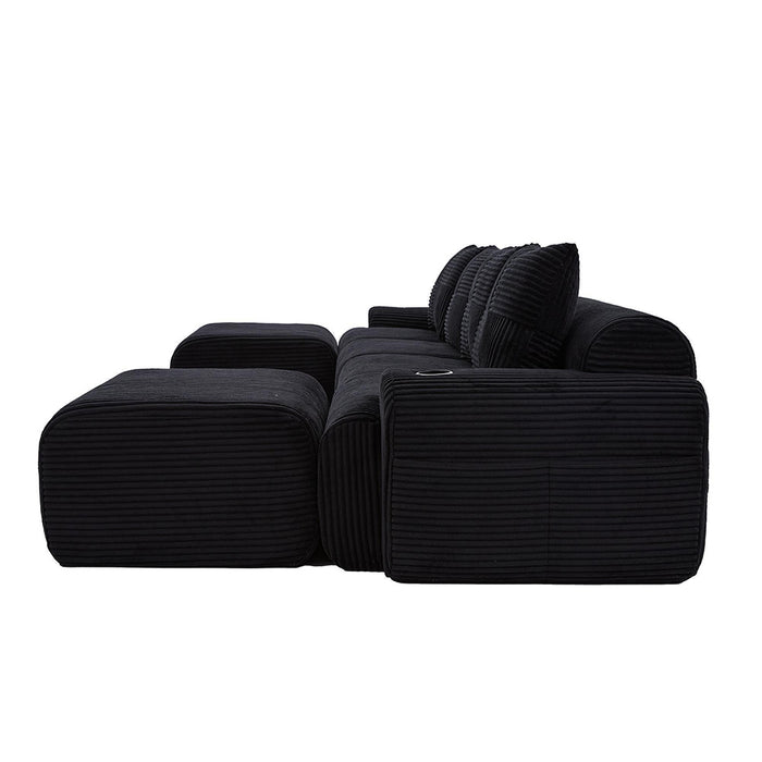 Canap¨¦ modulable 4 posti in velluto costato - Xylo - Con 2 sgabelli, porta-bibite e tasche laterali