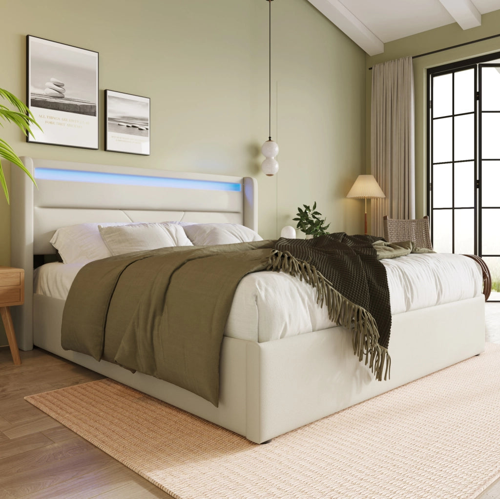 Letto contenitore imbottito 140x200 cm bianco con LED e materasso a molle H3
