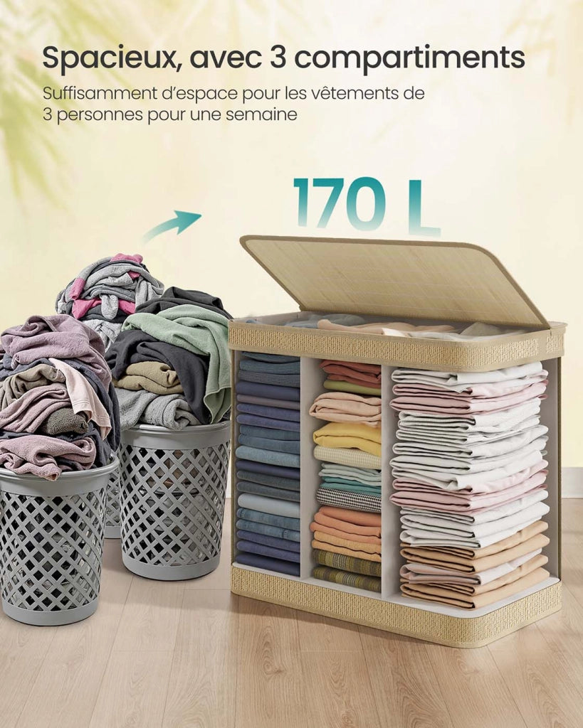 Cesto portabiancheria in bambù cesto per biancheria sporca da 90 litri sacco rimovibile e lavabile in lavatrice coperchio manici lavanderia camera da letto soggiorno beige 12_0006717
