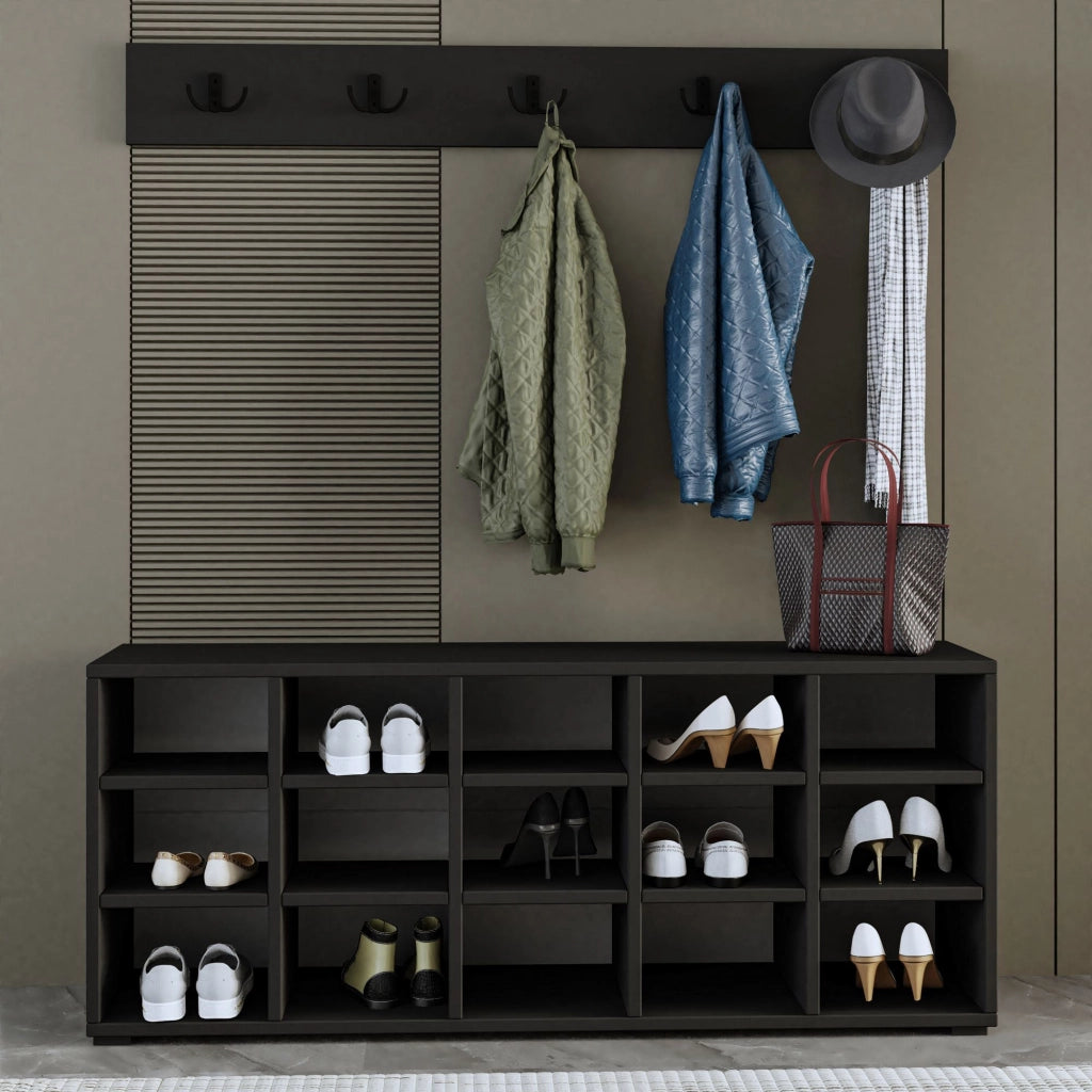Scarpiera in legno "Talu" con appendiabiti - 120 x 30 x 52 cm - Grigio antracite