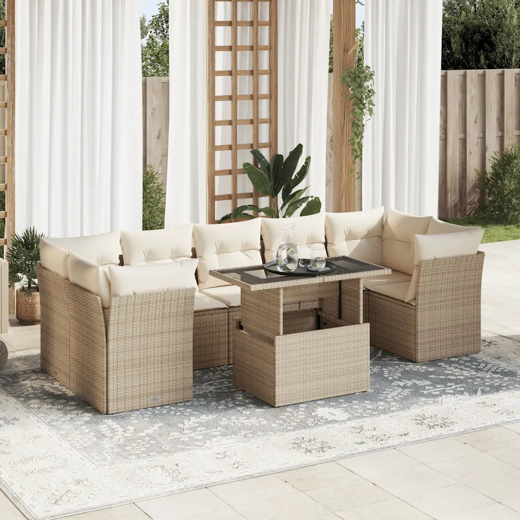 Set Divano da Giardino 8 pz con Cuscini Beige in Polyrattan