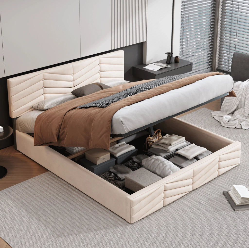 Letto imbottito 140x190 con testiera regolabile; velluto beige