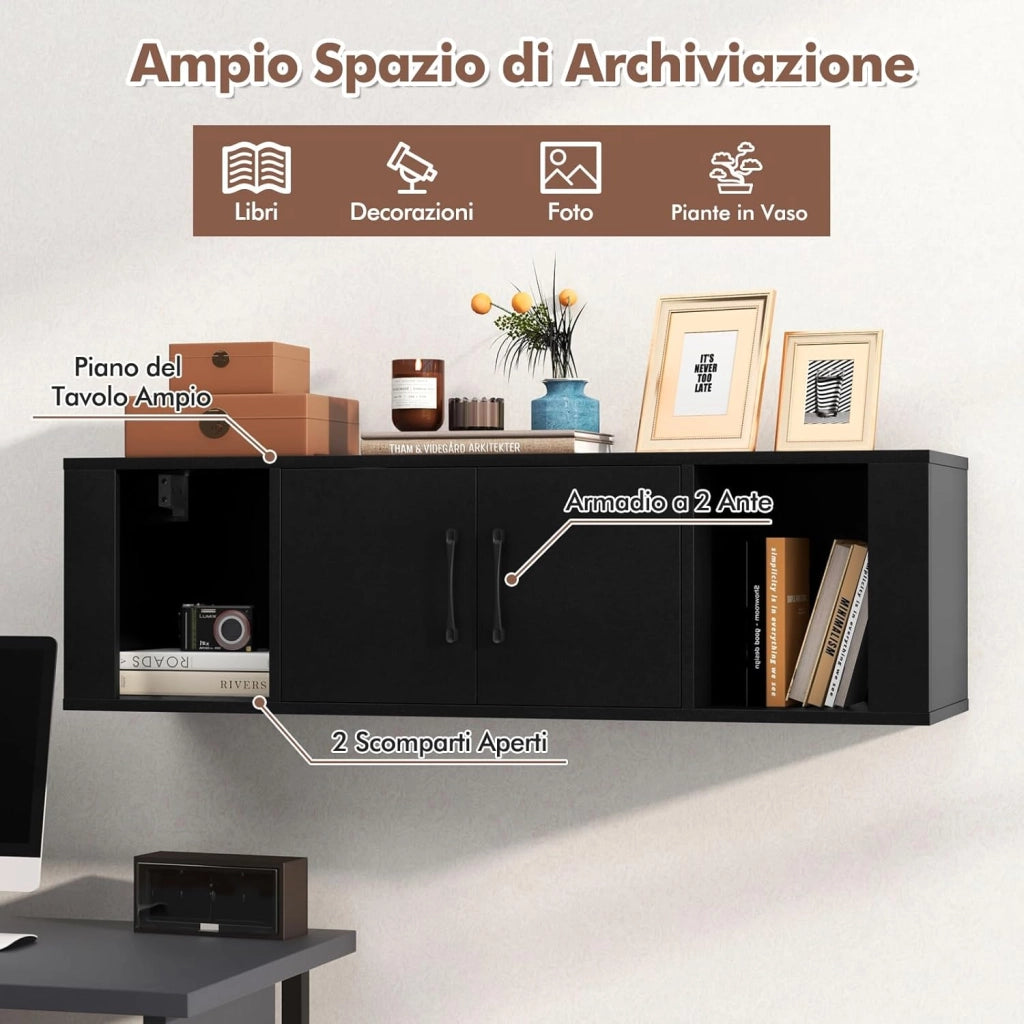 Libreria a Parete con 2 Cubi, Armadietto Sospeso a 2 Ante in Legno, Design Salvaspazio, Multiuso per Soggiorno, Studio, Cucina e Ufficio, 108 x 33 x 30,5 cm (Nero)