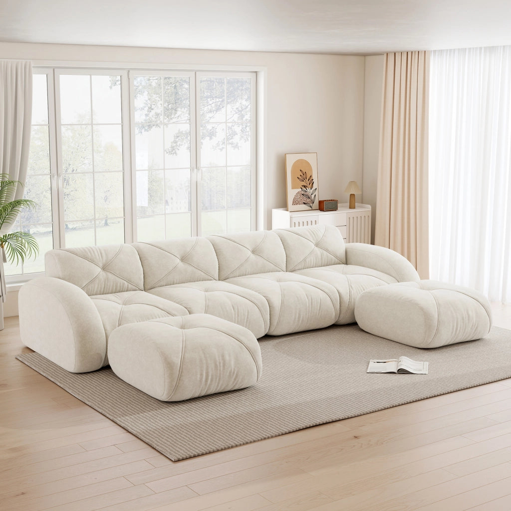Divano modulare a U in ciniglia senza struttura con seduta morbida e design antiscivolo beige chiaro