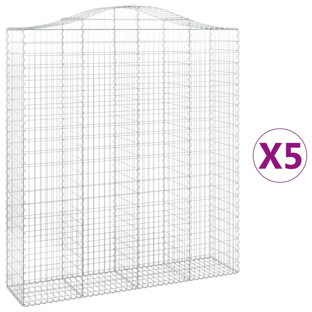 Cestini gabbioni recinzione a gabbia muro di contenimento ad arco 5 pezzi 200 x 50 x 220/240 cm ferro zincato argento 02_0040897