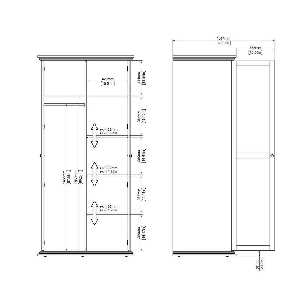 Guardaroba 2 ante Darby, Mobile camera da letto, Cabina armadio portabiti, Armadio appendiabiti, 96x63 h200 cm, Bianco