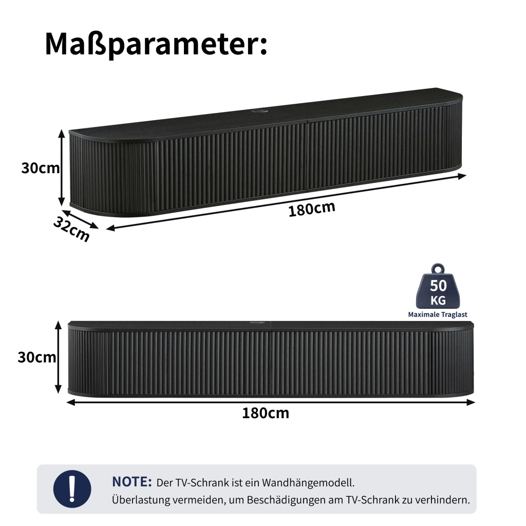 MOBILE TV SOSPESO 180 cm Nero in pannello di legno con passacavi