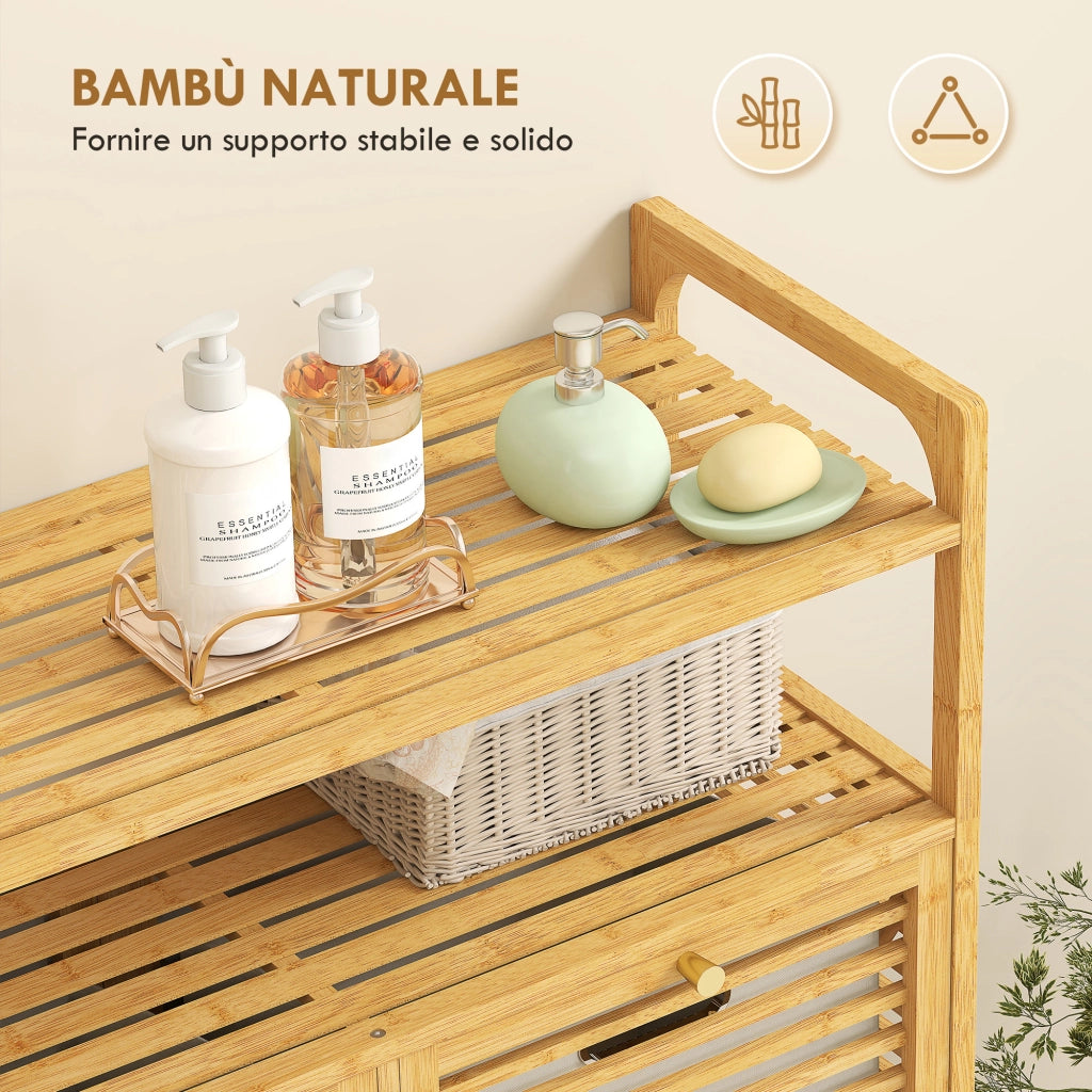 Mobile Portabiancheria con 2 Cesti da 41L e 2 Ripiani. in Bamb¨´ e Poliestere. 82x33x88 cm. color Legno e Crema