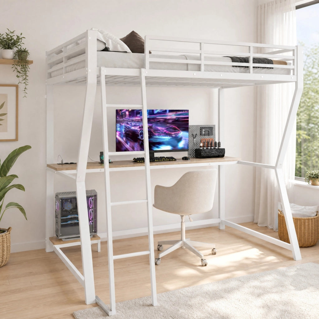 DESMIU Letto a soppalco 2 posti con scrivania, presa e USB, luce LED, 140 × 200 cm, senza materasso, bianco