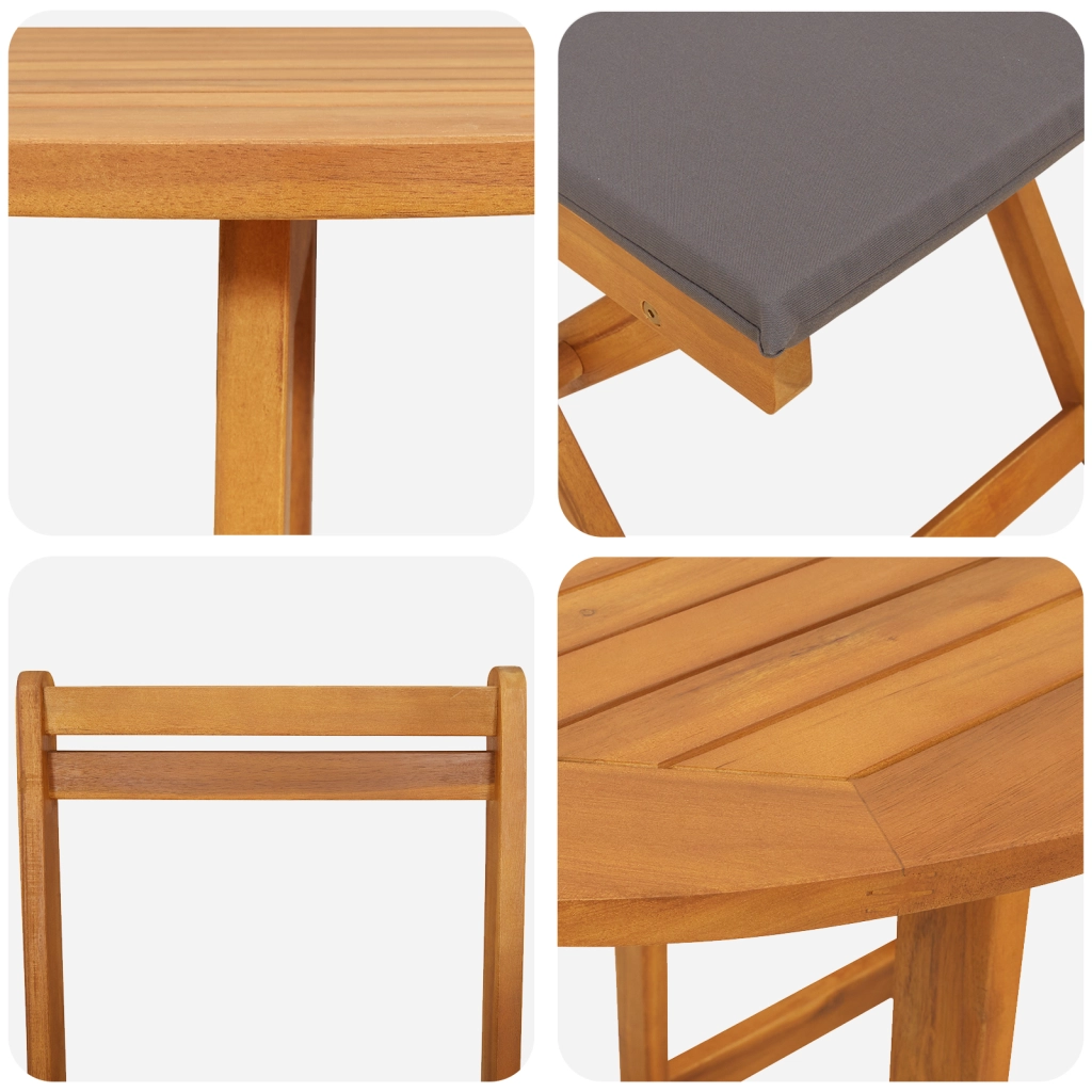 Set Bistro Pieghevole da 3 Pz con Cuscini in Legno Solido di Acacia