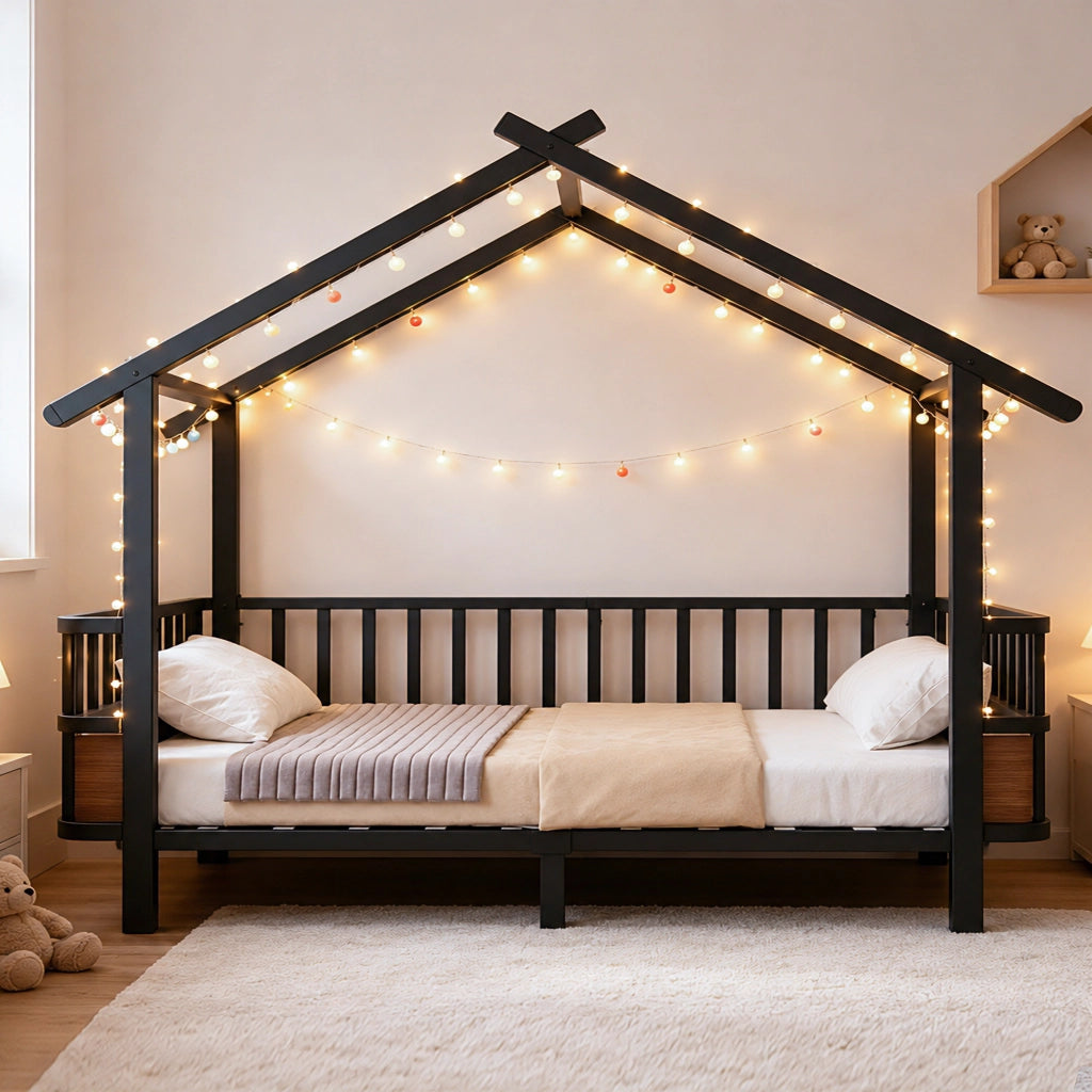 Letto per bambini in metallo a forma di casetta 90x200 cm, con sponde di sicurezza, nero