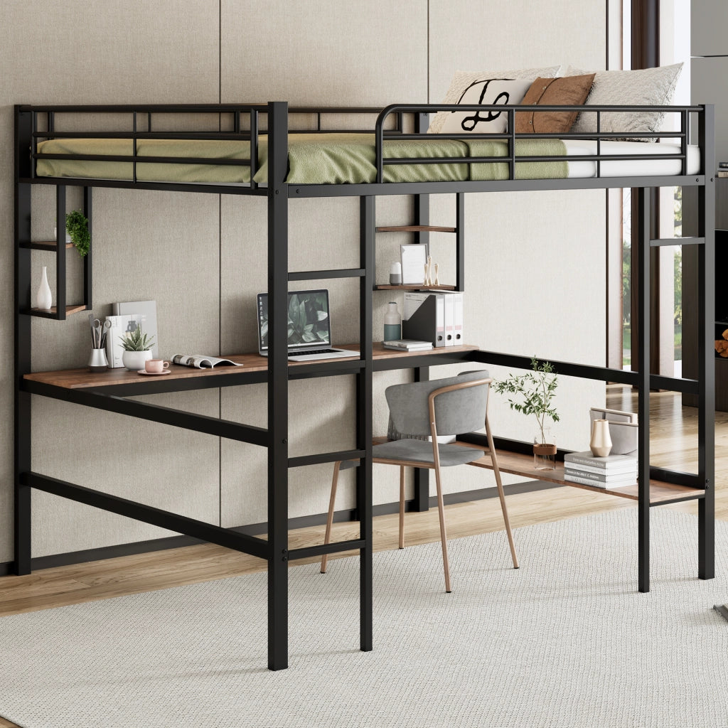 Letto a Soppalco; Letto Matrimoniale con Scrivania; 4 Ripiani e Libreria; 140×200 cm; senza Materasso