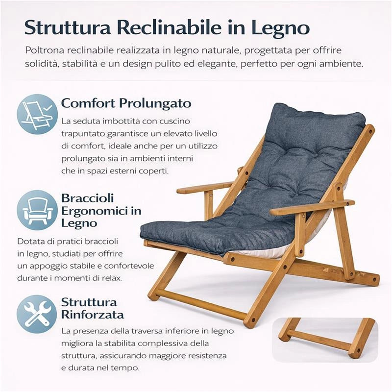 POLTRONA RELAX COMODONA IN LEGNO TELAIO MIELE E TESSUTO BLU JEANS 3 POSIZIONI