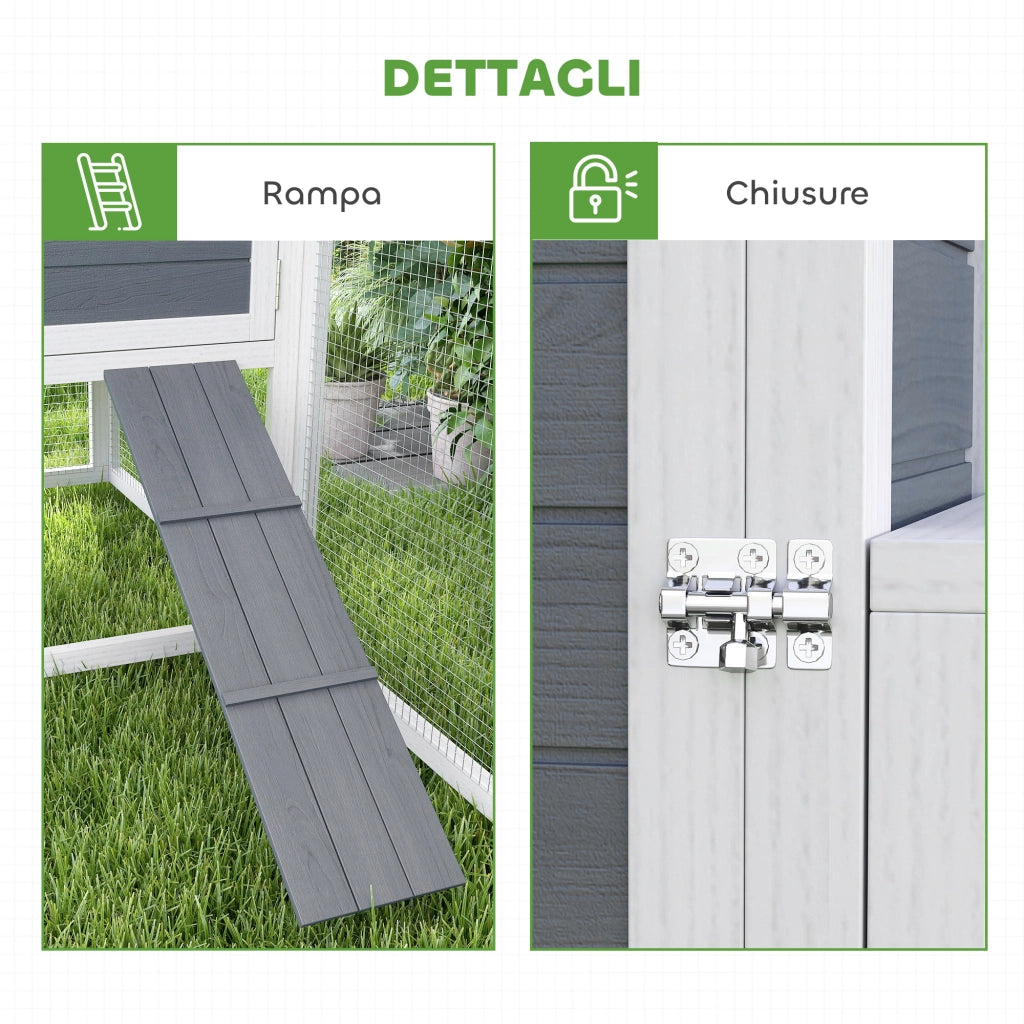 Pollaio per Galline con Casetta, Nido per Cova e Area Esterna, 214x101x 91.5cm, Grigio