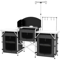 Cucina da Campeggio Pieghevole a 3 Piani con 5 Ripiani Interni e 4 Ganci, 172x48x119 cm, Nero