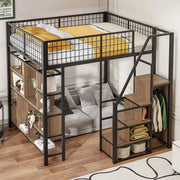 OKWISH Letto a Soppalco 140×200 cm, Letto Matrimoniale con Scala Contenitore, Ripiani e Vani, senza Materasso, Metallo e Legno, Nero