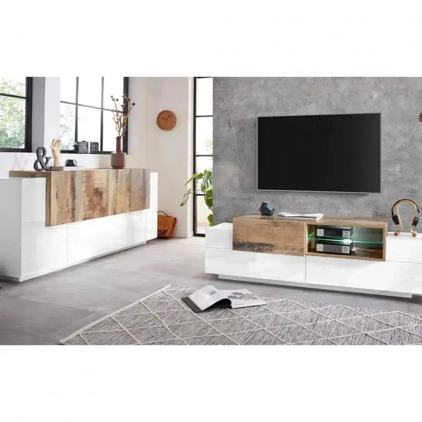 Credenza Moderna NEW CORO con 2 ante battenti, 1 ribalta e 4 ante battente in Bianco, Acero e Pereira