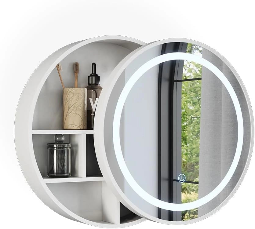 Specchio contenitore bagno Silva, Bianco, 50 x 50 cm con 5 vani portaoggetti, per montaggio a parete con illuminazione LED integrata