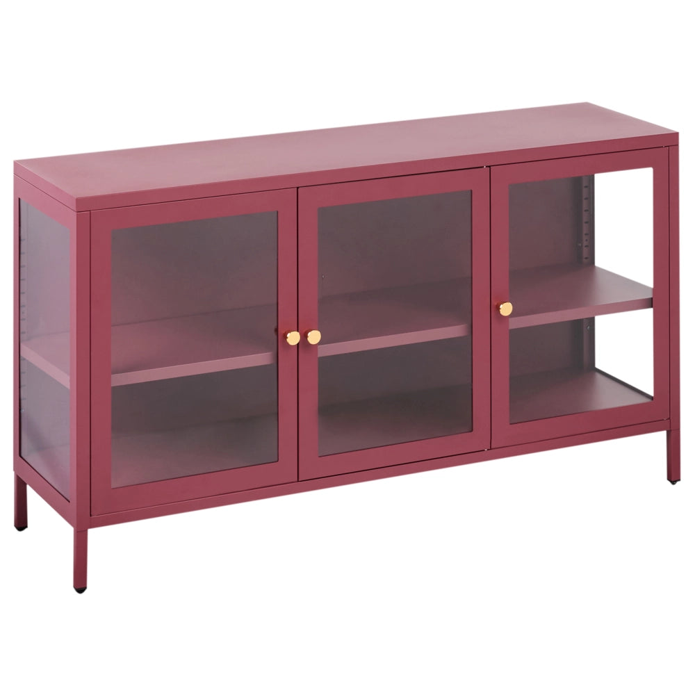 Credenza in acciaio con vetro temperato a 3 ante e ripiani regolabili rosso scuro arredi per il soggiorno dal design moderno.