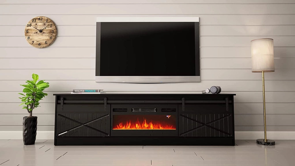 MOBILE TV CON CAMINETTO ELETTRICO GRANERO INCORPORATO cm200x35x57 NERO LUCIDO