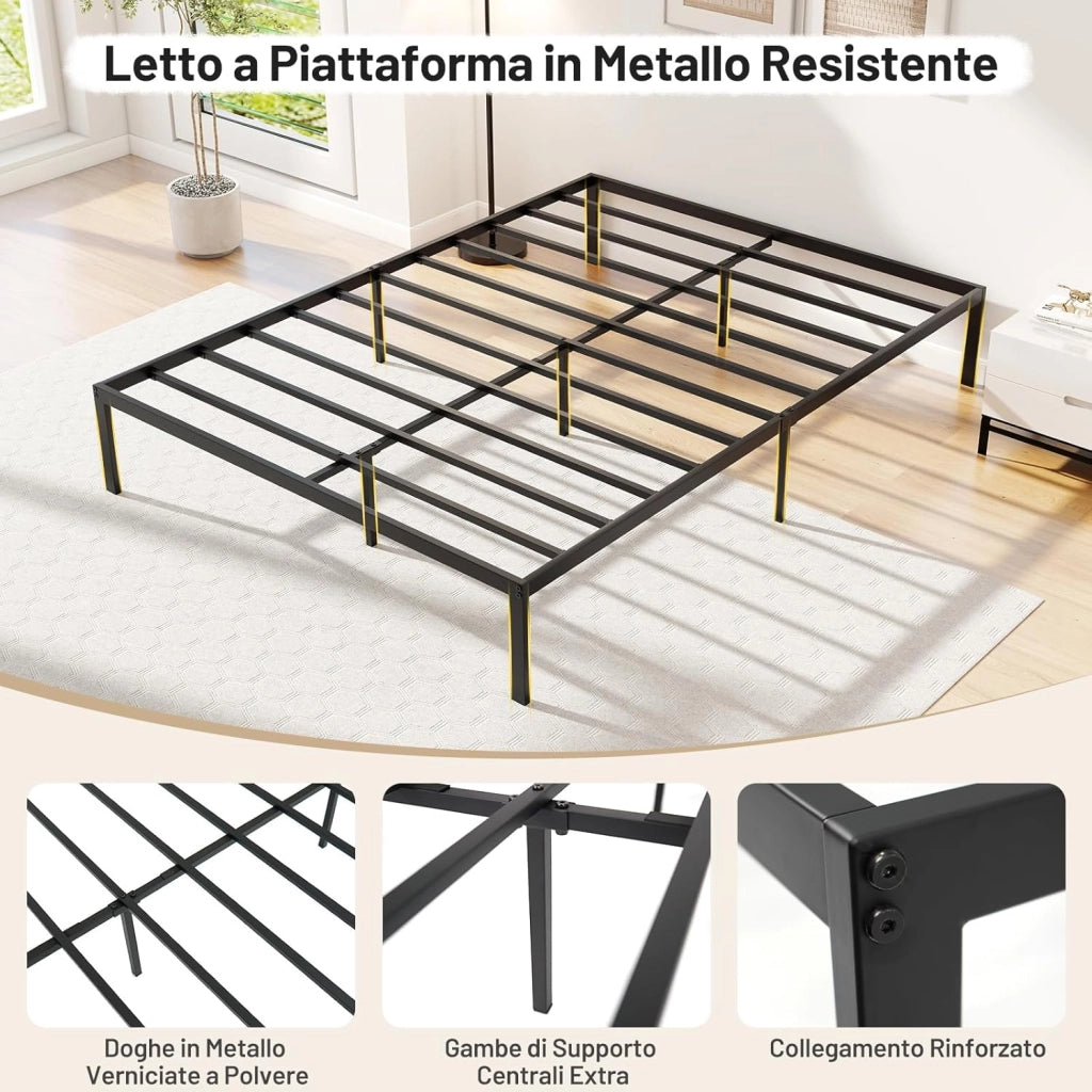 Struttura Letto 200x140cm, Letto Matrimoniale in Metallo con Doghe Resistenti, Spazio Sottostante per Conservazione, Non Serve Rete a Doghe, Silenzioso