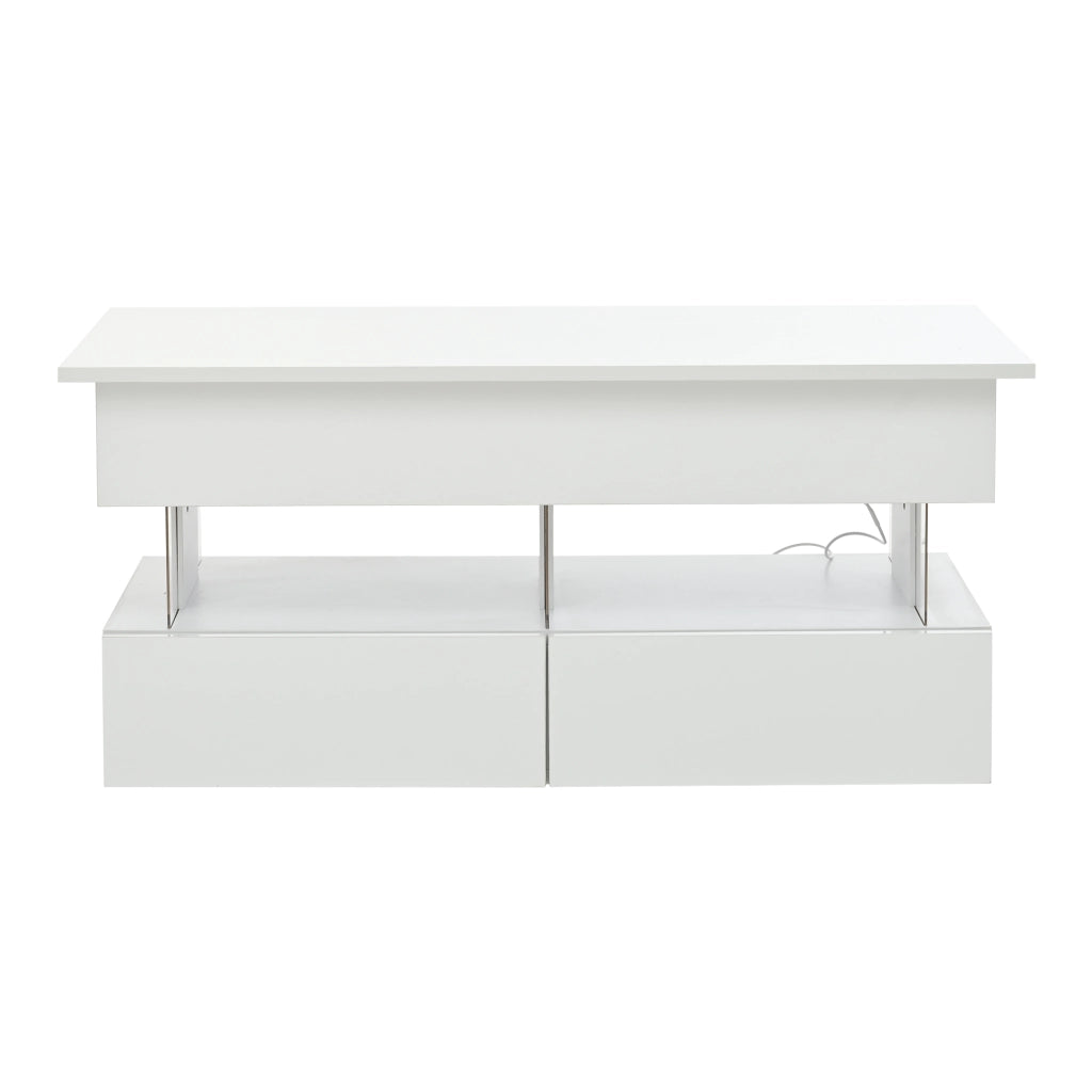 Tavolino basso sollevabile con LED, 2 cassetti e vano nascosto in MDF e acrilico bianco 100 × 50 × 46 cm