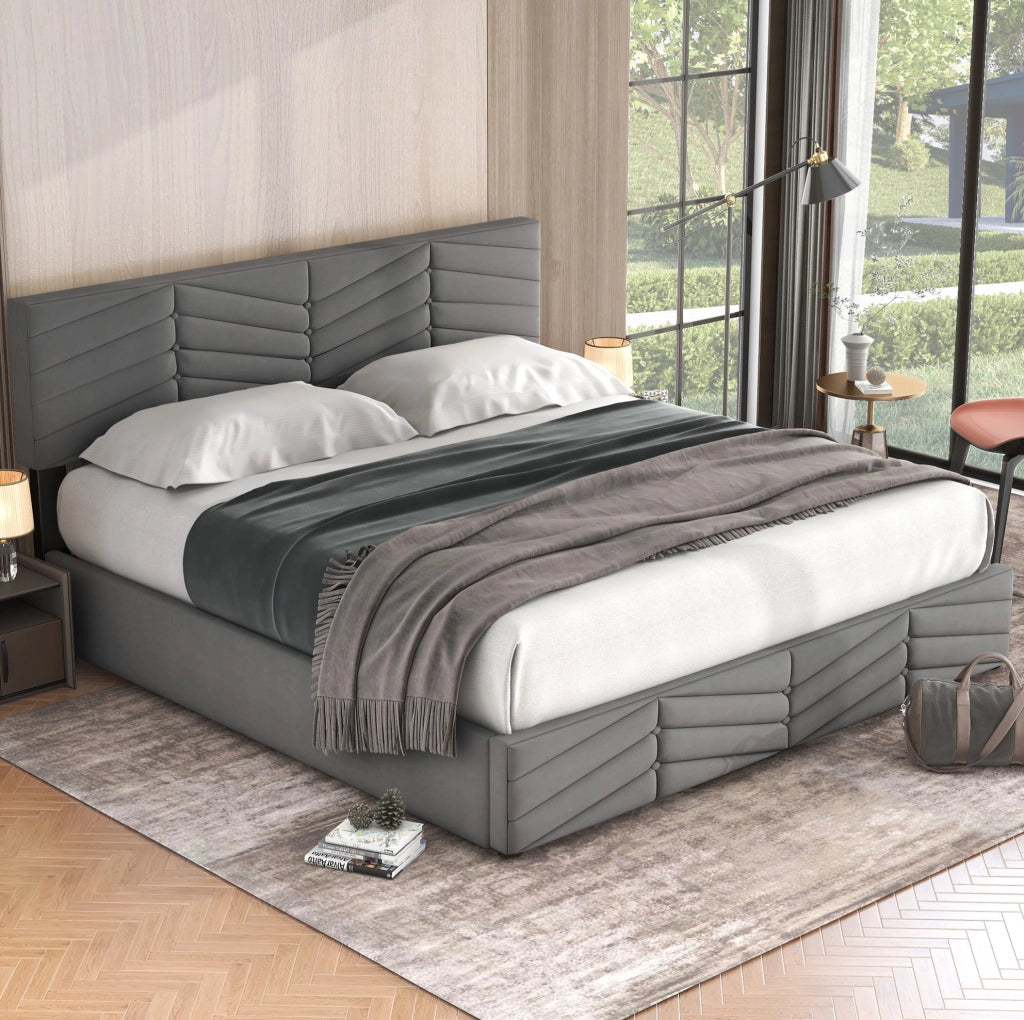 Letto matrimoniale imbottito 180x200 cm in velluto grigio con testiera regolabile e contenitore