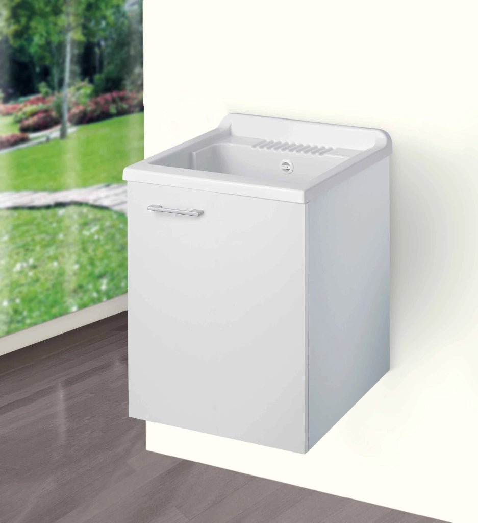 Mobile LAVATOIO - SOSPESO - in LEGNO a 1 anta - 50x50 (H.85) c/vasca e asse in PP - CR - COL: BIANCO