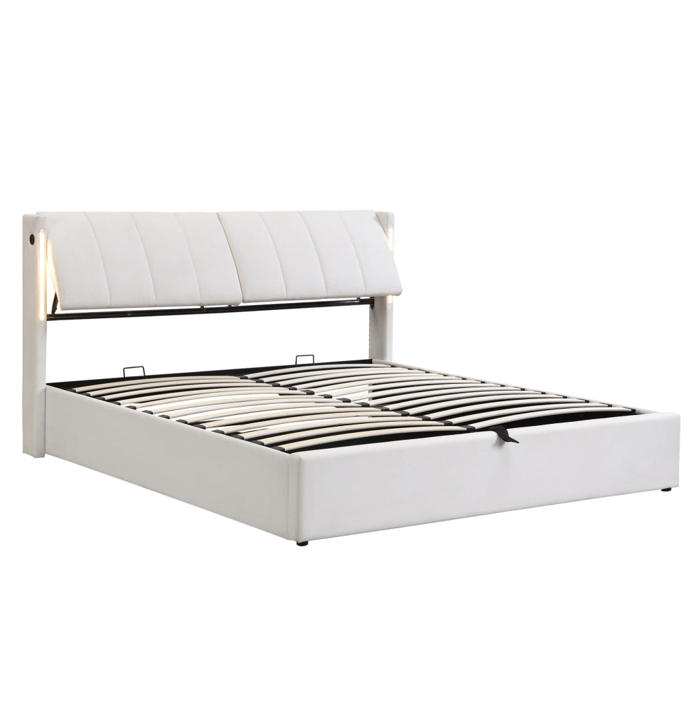 Letto matrimoniale 140x190 cm in PU bianco con LED; USB; testiera regolabile e vano contenitore