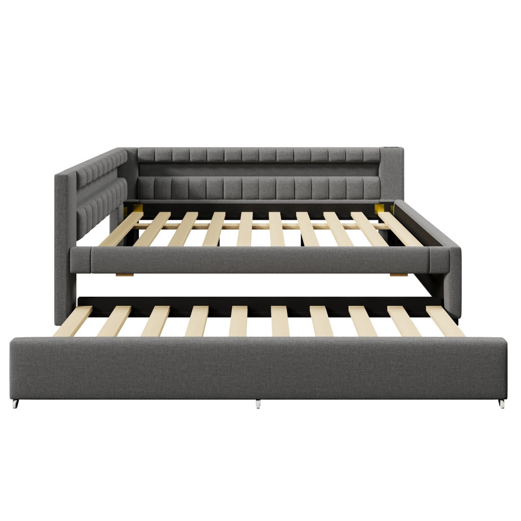Daybed con letto estraibile, LED e USB-C, 140x200 cm, lino grigio