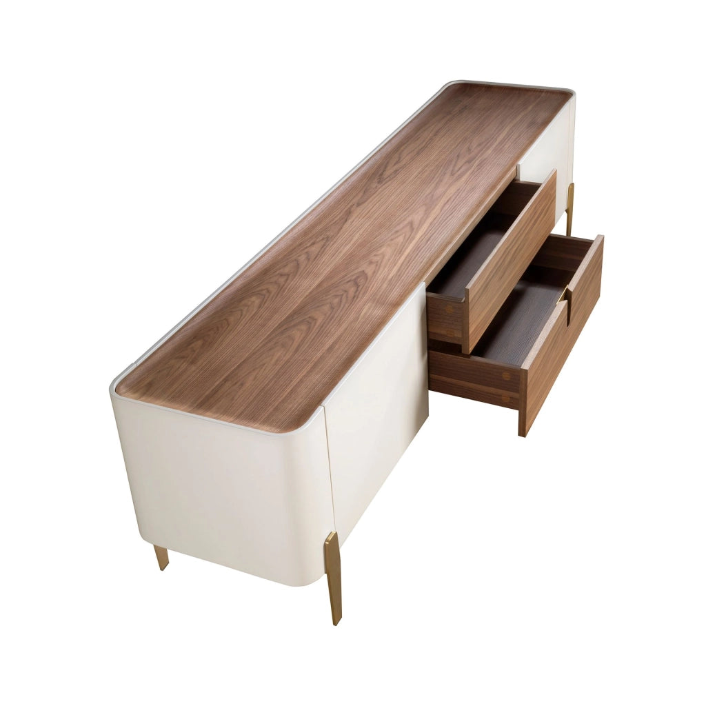 Porta TV in legno beige, acciaio lucido dorato e piano in noce