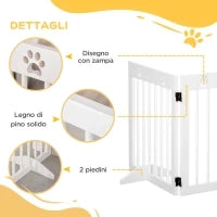 Cancellino per Cani taglia Piccola Pieghevole con Piedini Rimovibili, Cancelletto di Sicurezza in Legno di Pino, 204x30x61 cm, Bianco