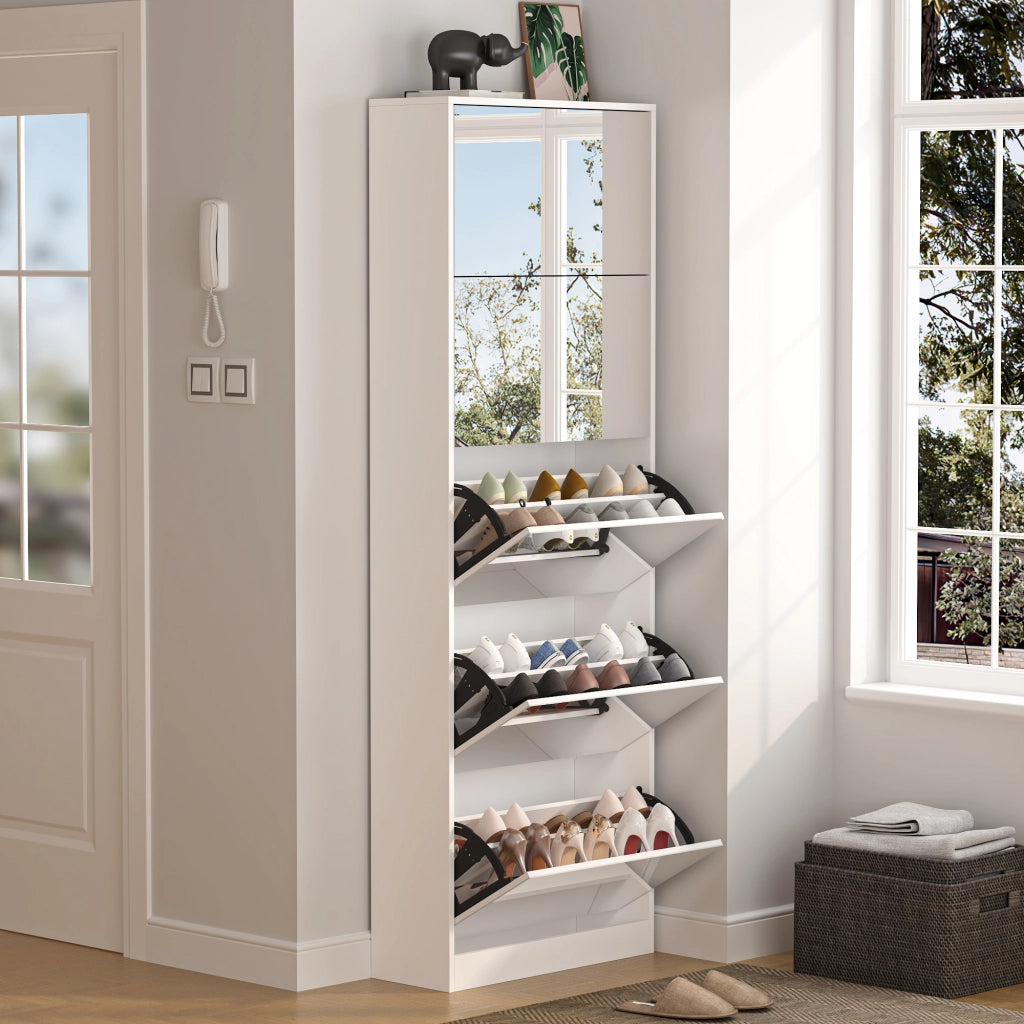 Scarpiera a specchio con 5 ribalte a doppio livello in MDF bianco salvaspazio per ingresso con retro 185 cm