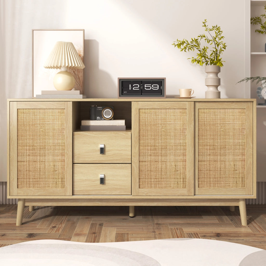 Credenza con 3 Ante Scorrevoli in Rattan; 2 Cassetti; Piedi in Legno Massello; Stile Naturale; in MDF; 155??38??80 cm; Legno