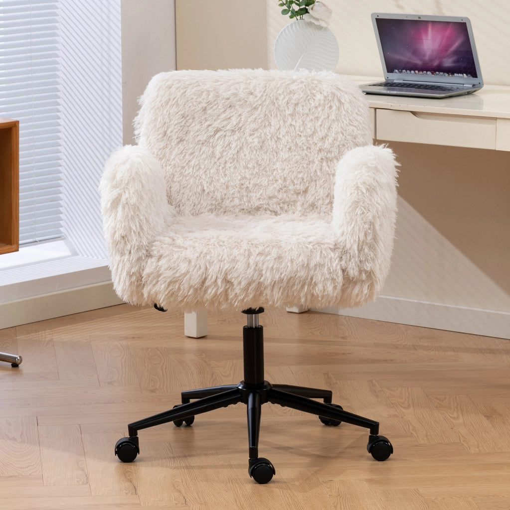 Sedia da ufficio beige in pile di lana con braccioli pieghevoli