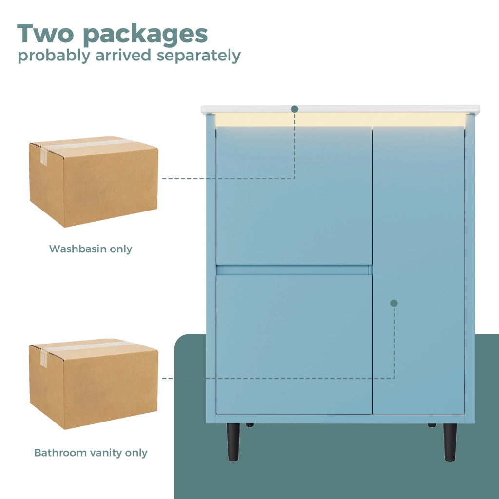 Mobile sottolavabo con lavabo in ceramica 1 anta e 2 cassetti per bagno in MDF e ceramica blu 61 × 46,5 × 87 cm