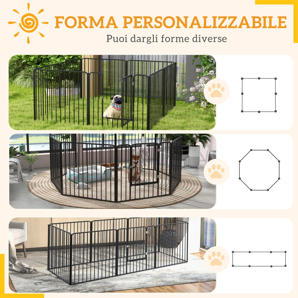 Box per Cani a 8 Pannelli Modulabili da Interno ed Esterno con 9 Picchetti, in Acciaio, 164x164x80 cm, Nero