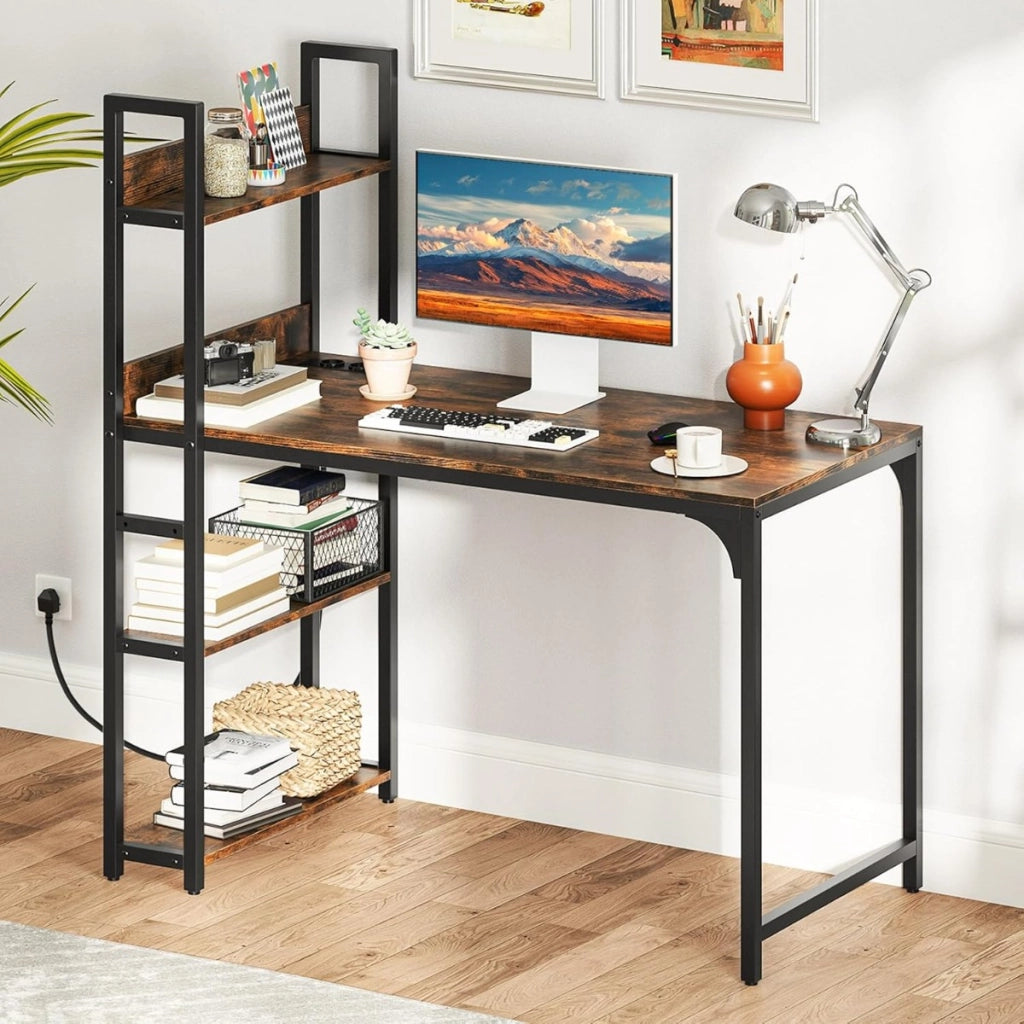 Scrivania per computer con ciabatta elettrica e 2 porte USB, Scrivania studio da 120 CM con mensola uscite AC  Rustico & Nero-Tavolini per laptop