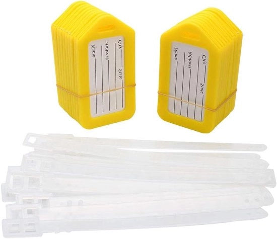 Etichette per bagagli - 20 pezzi - colore giallo bianco - con adesivo - etichetta per viaggio - etichetta nome - in plastica