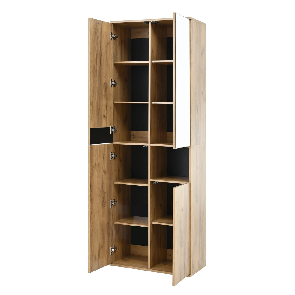 Armadietto a specchio alto con 4 ante 12 vani e vano aperto in truciolare nero naturale 65 × 35 × 190 cm