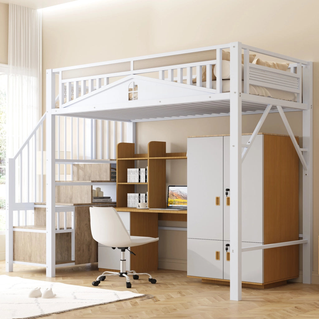 Letto a soppalco 90x200 cm con scala contenitore e recinto di sicurezza; bianco