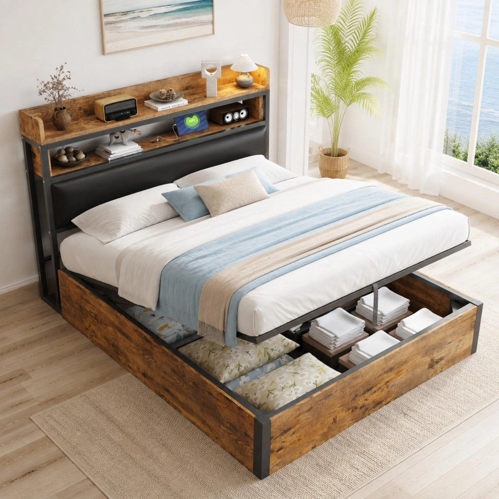 Letto matrimoniale 140x200 cm con contenitore; testiera imbottita con USB; nero