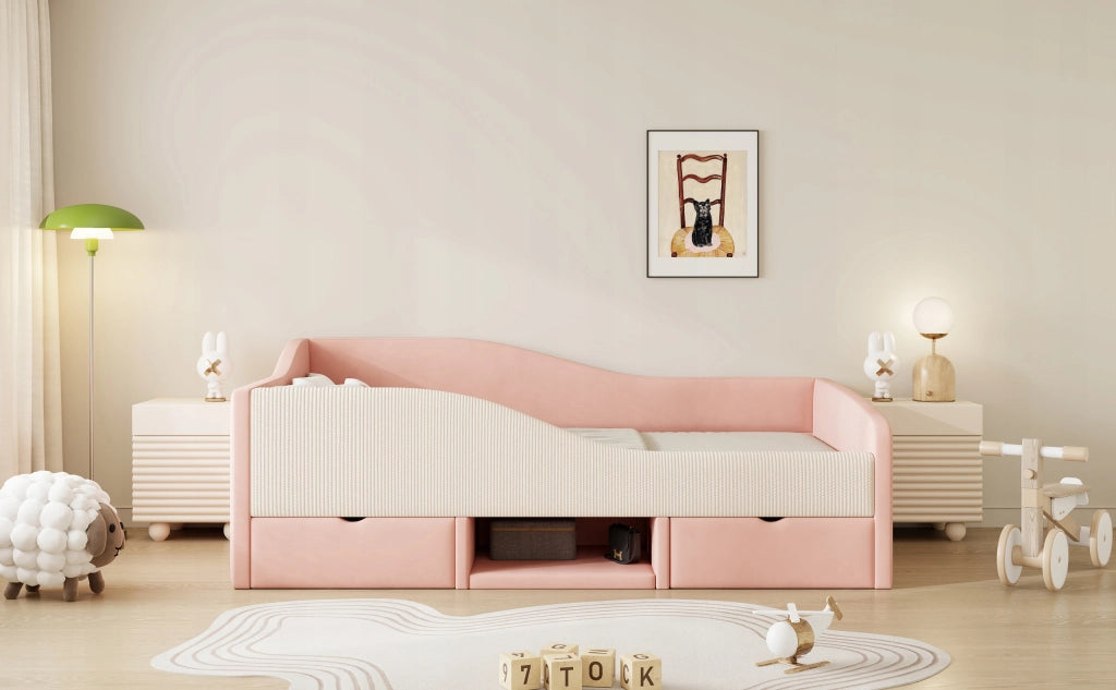 Letto imbottito 90x190 - Xylo - Rosa crema, 2 cassetti